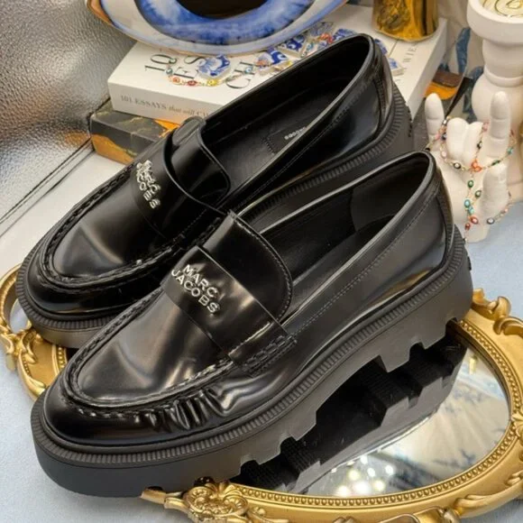 🆕 MARC JACOBS 🧿 NWOB The Frankie Logo-Plaque Platform Loafer, Black Sz 37 US7 - Picture 9 of 14